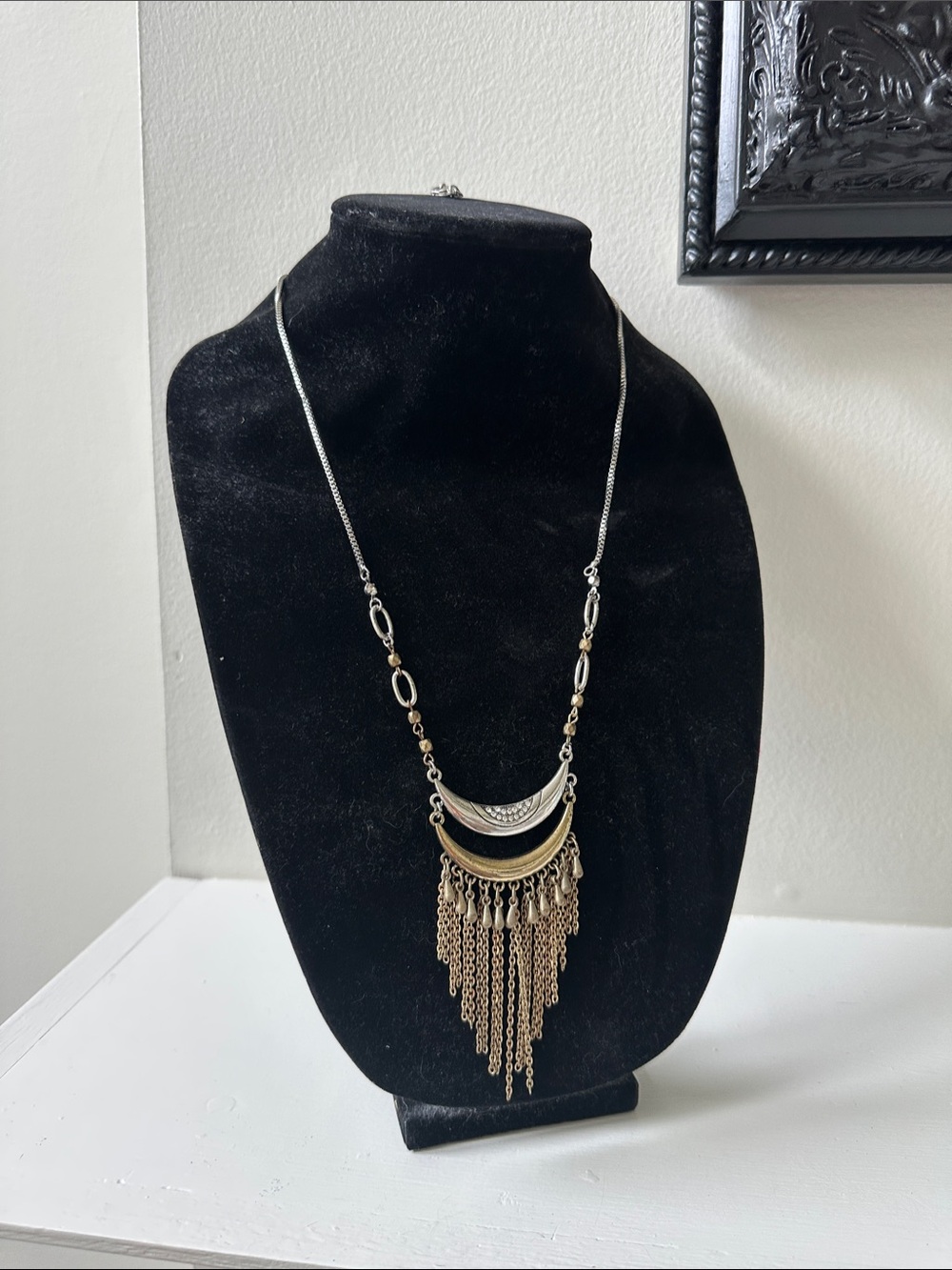 Two-Tone Crescent Fringe Necklace - Silver & Gold Accent